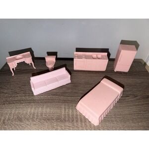 6 Pc Vintage Pink Marx Dollhouse Furniture Kitchen Bathroom Vanity Sink Bed